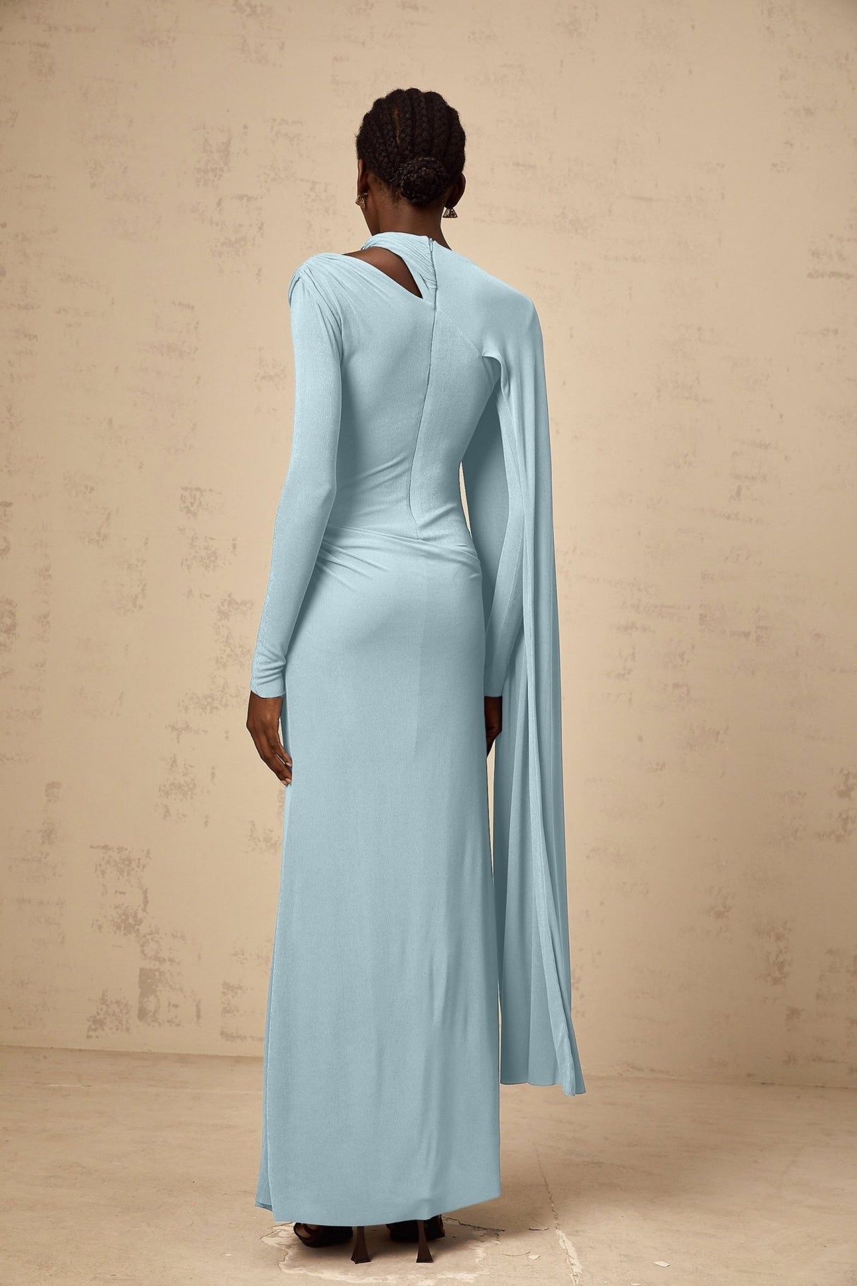 Sabrina Maxi Dress - Blue Diagonal Shawl Draped Ruched Fitted