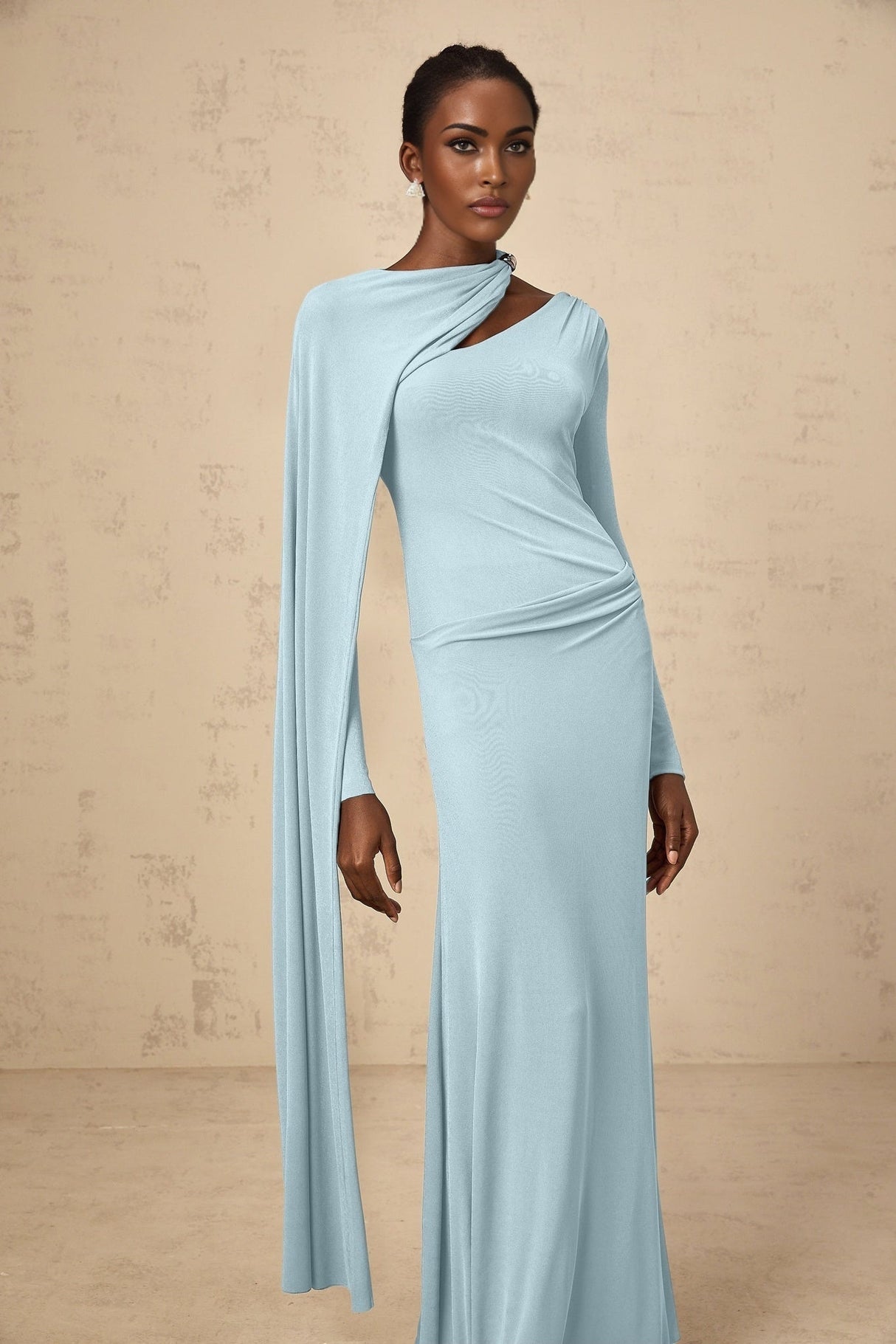 Sabrina Maxi Dress - Blue Diagonal Shawl Draped Ruched Fitted