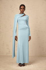 Sabrina Maxi Dress - Blue Diagonal Shawl Draped Ruched Fitted