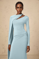 Sabrina Maxi Dress - Blue Diagonal Shawl Draped Ruched Fitted