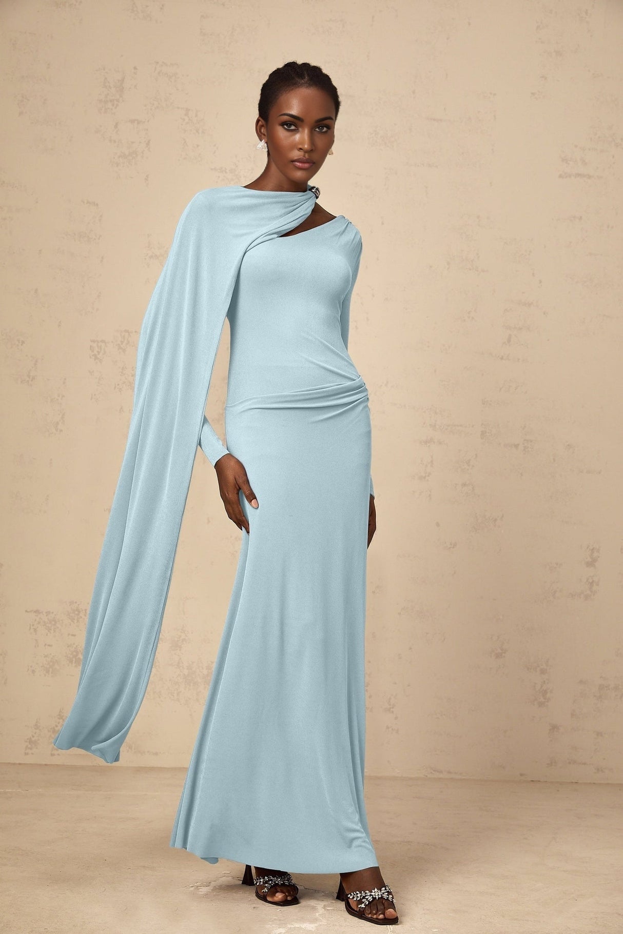 Sabrina Maxi Dress - Blue Diagonal Shawl Draped Ruched Fitted