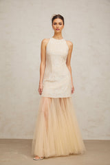 Sabrina Maxi Dress in Champagne with Sequin Embellishments