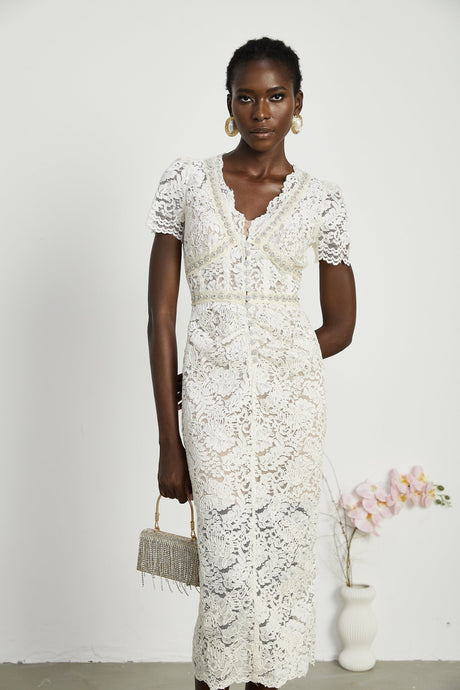 Sabrina Midi Dress White Crystal Embellished