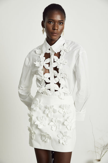 Sabrina Shirt White Floral 3D Cut Out Embellishment & Button Closure