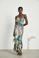 Sabrina Silk Floral Slip Dress with Chain Detail & Bias Cut