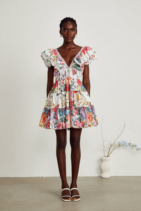 Saige ruffled floralprint mini dress in White