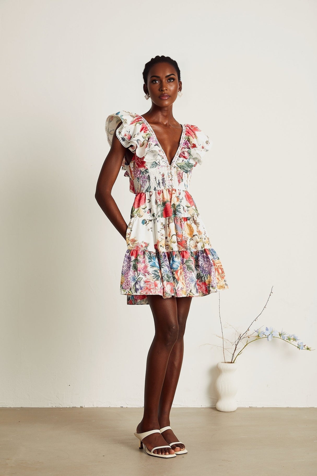 Saige ruffled floralprint mini dress in White