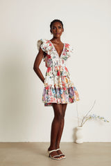 Saige ruffled floralprint mini dress in White