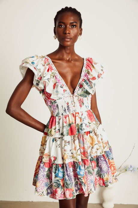 Saige ruffled floralprint mini dress in White