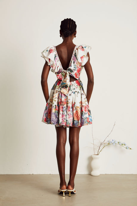 Saige ruffled floralprint mini dress in White