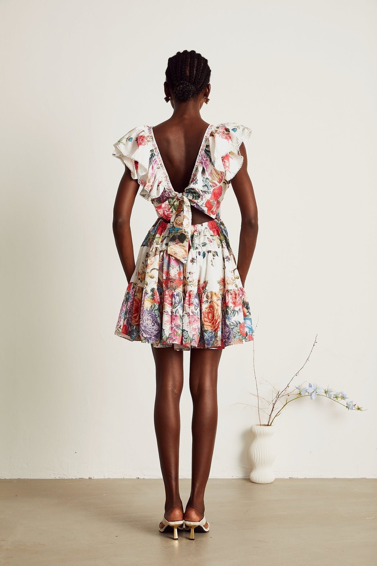Saige ruffled floralprint mini dress in White
