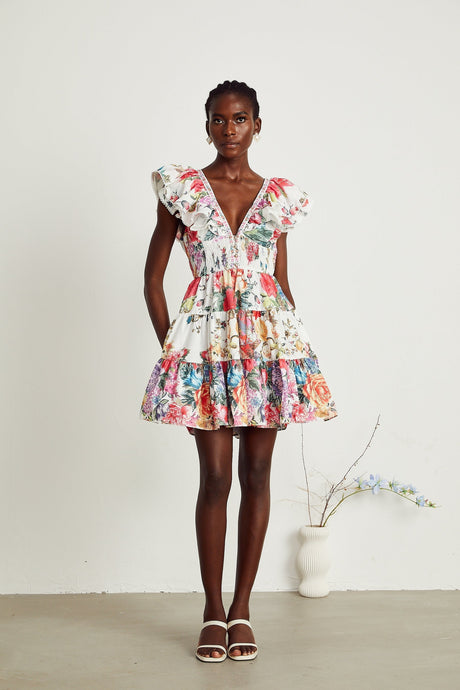 Saige ruffled floralprint mini dress in White