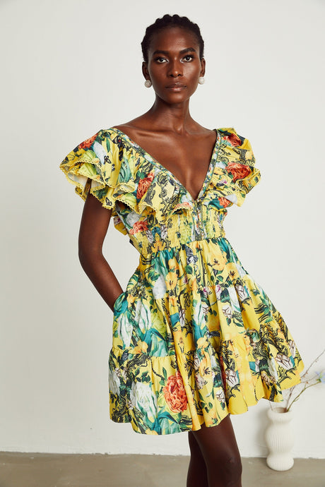 Saige ruffled floralprint mini dress in Yellow