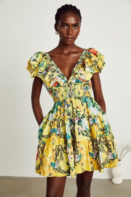 Saige ruffled floralprint mini dress in Yellow