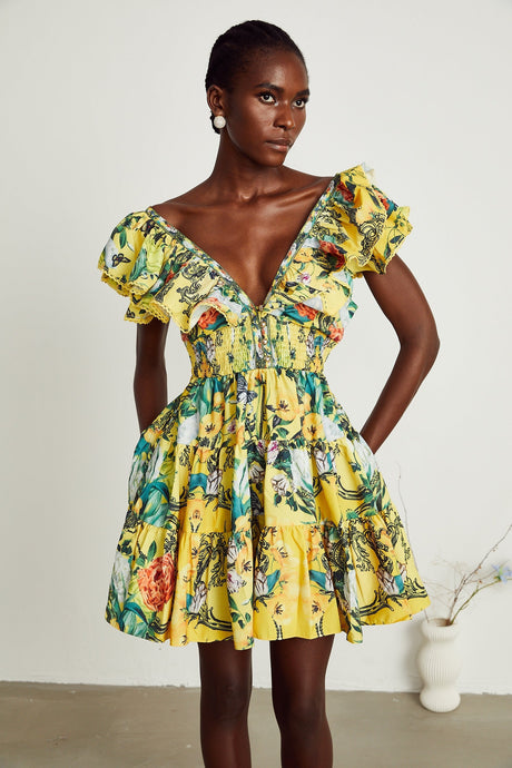 Saige ruffled floralprint mini dress in Yellow