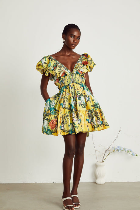 Saige ruffled floralprint mini dress in Yellow
