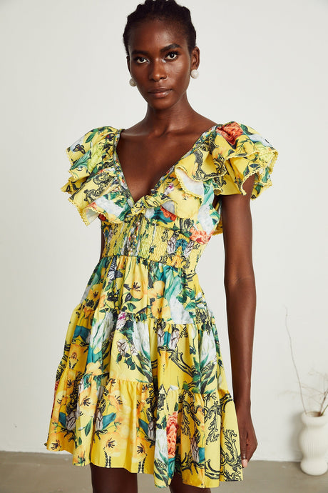 Saige ruffled floralprint mini dress in Yellow