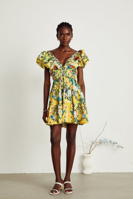 Saige ruffled floralprint mini dress in Yellow