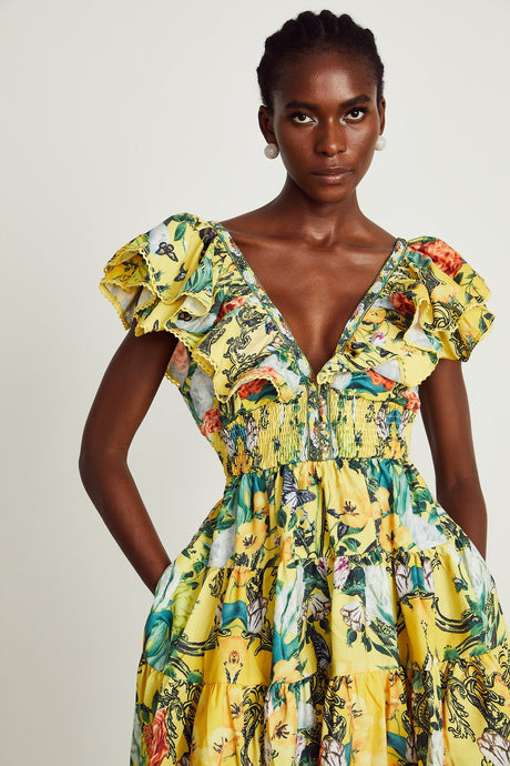 Saige ruffled floralprint mini dress in Yellow