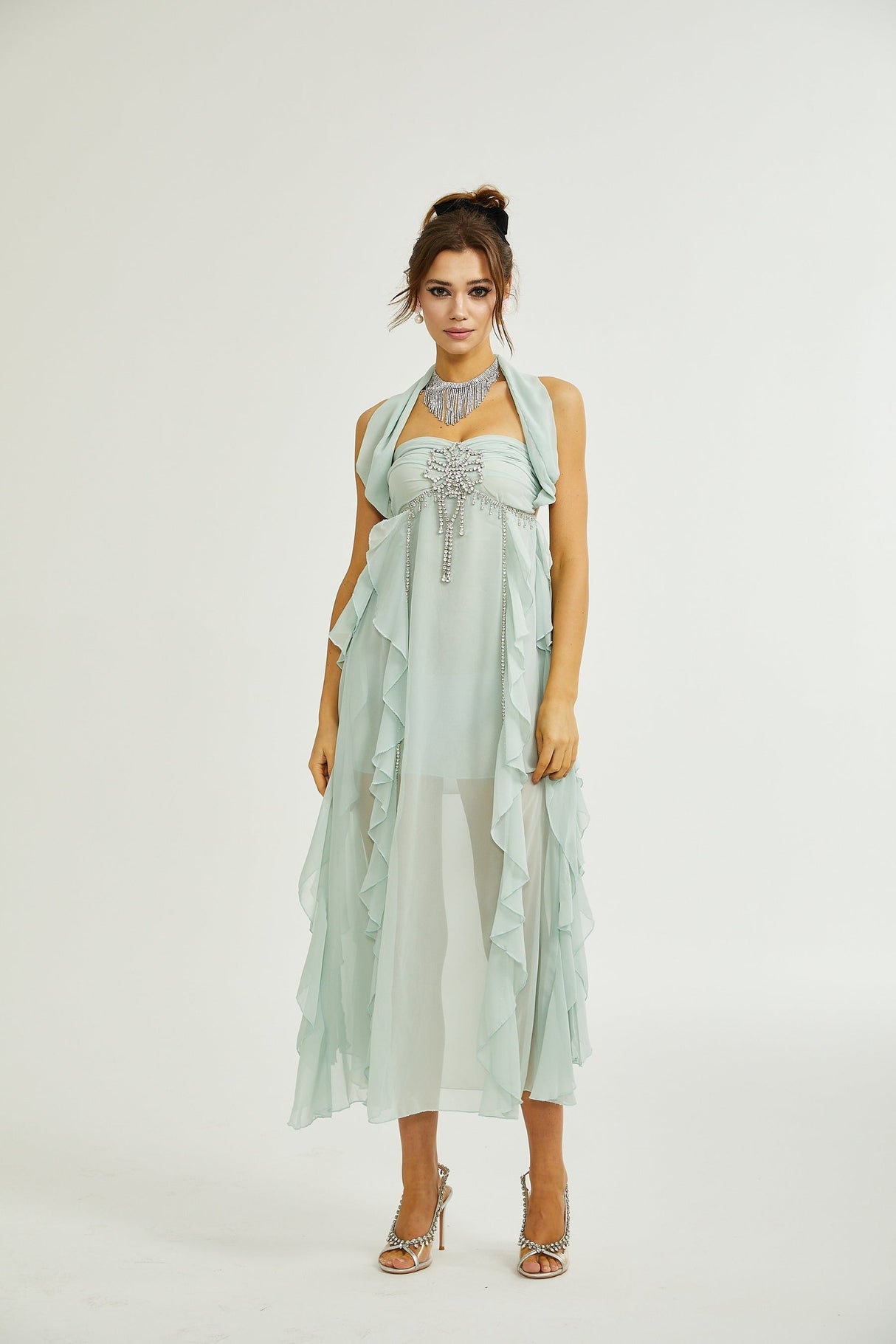 Salilah embellished ruffled midi dress