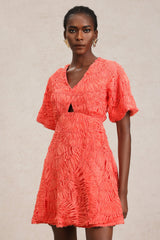 Samantha Coral Textured Mini Dress with Puff Sleeves