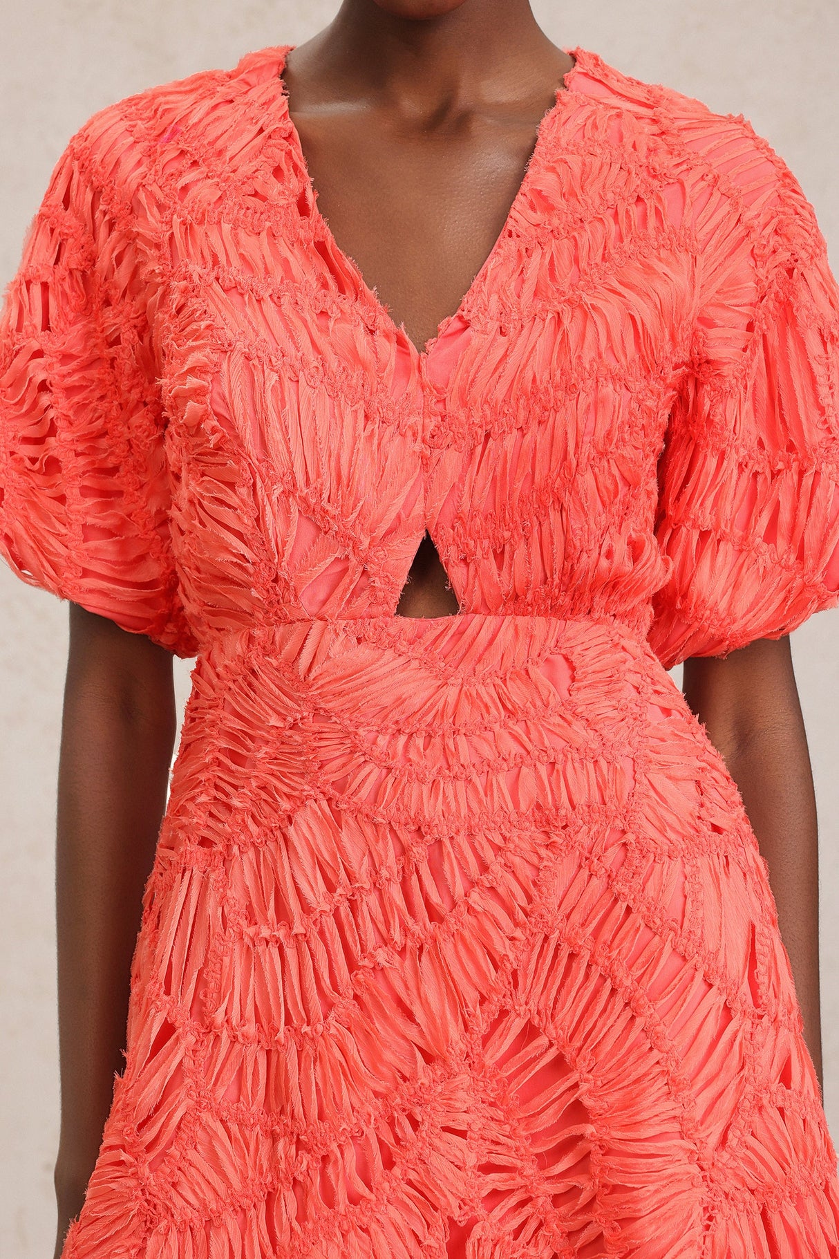 Samantha Coral Textured Mini Dress with Puff Sleeves V-neckline Hollow-out Detailing