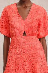 Samantha Coral Textured Mini Dress with Puff Sleeves V-neckline Hollow-out Detailing