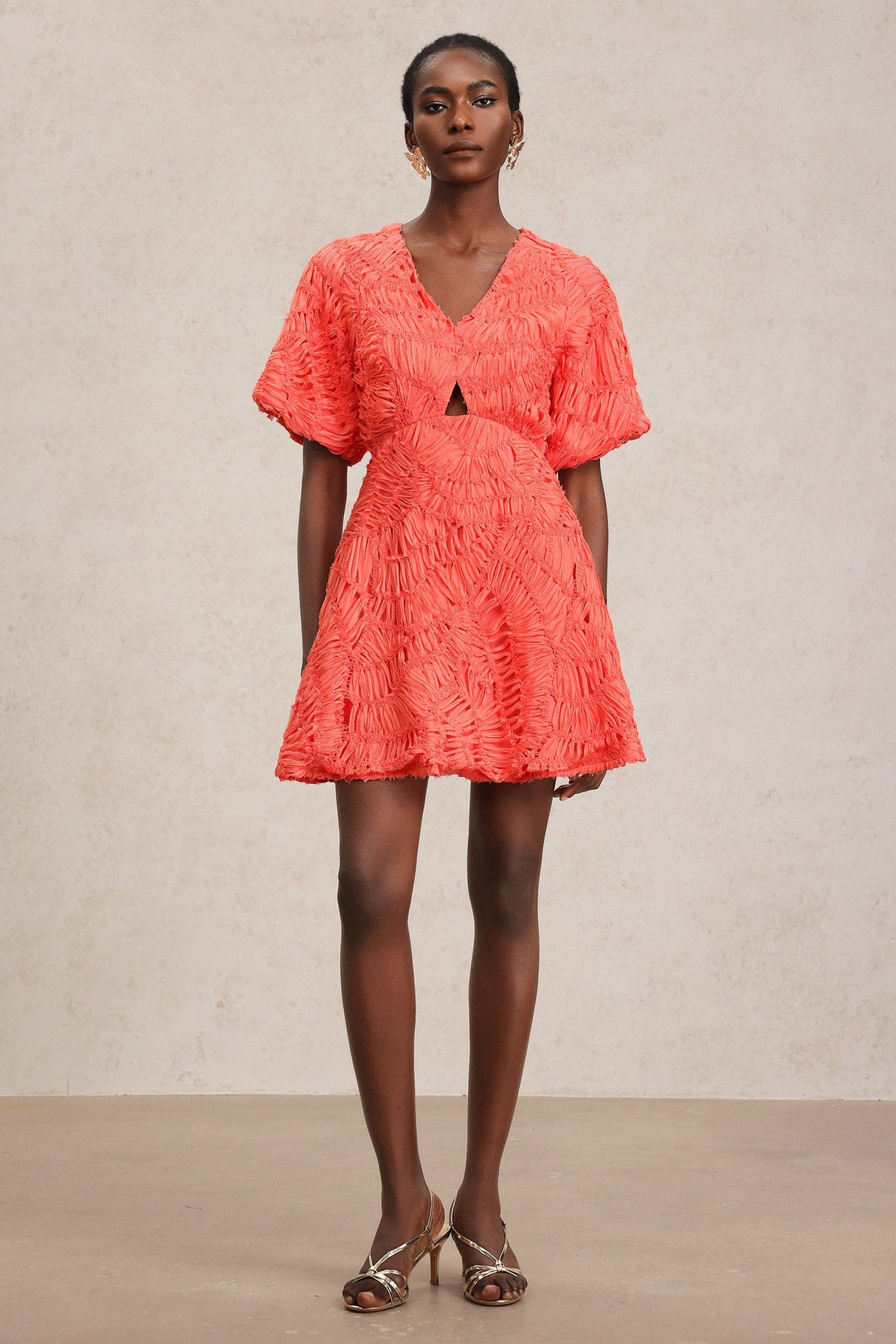 Samantha Coral Textured V-Neck Puff Sleeve Mini Dress