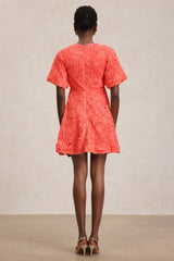 Samantha Coral Textured V-Neck Puff Sleeve Mini Dress