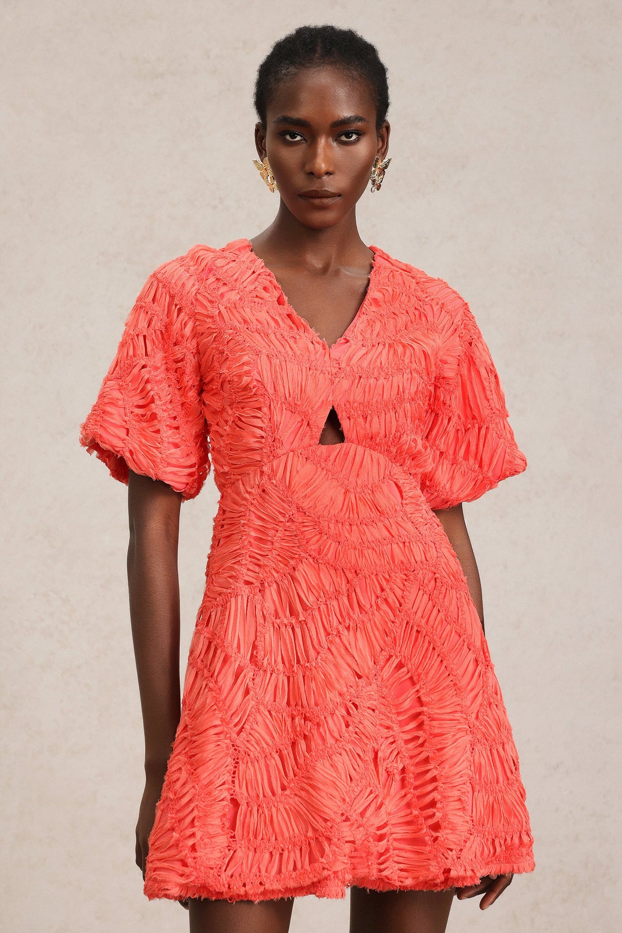 Samantha Coral Textured V-Neck Mini Dress Puff Sleeves Hollow-Out Detailing