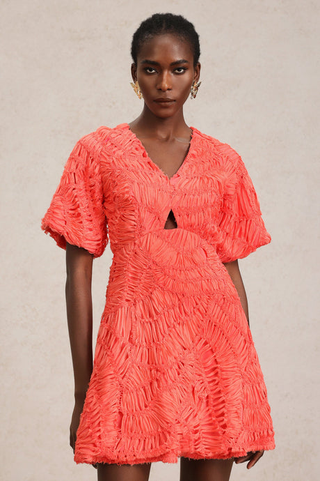 Samantha Coral Textured V-Neck Mini Dress Puff Sleeves Hollow-Out Detailing