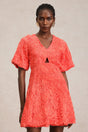 Samantha Coral Textured V-Neck Mini Dress Puff Sleeves Hollow-Out Detailing