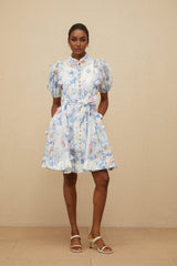 Samantha Floral Mini Dress - Puff Sleeves - Tied Waist - 3D Petal Detailing - Decorative Buttons