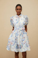 Samantha Floral Mini Dress - Puff Sleeves - Tied Waist - 3D Petal Detailing - Decorative Buttons