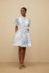 Samantha Floral Mini Dress - Puff Sleeves - Tied Waist - 3D Petal Detailing - Decorative Buttons
