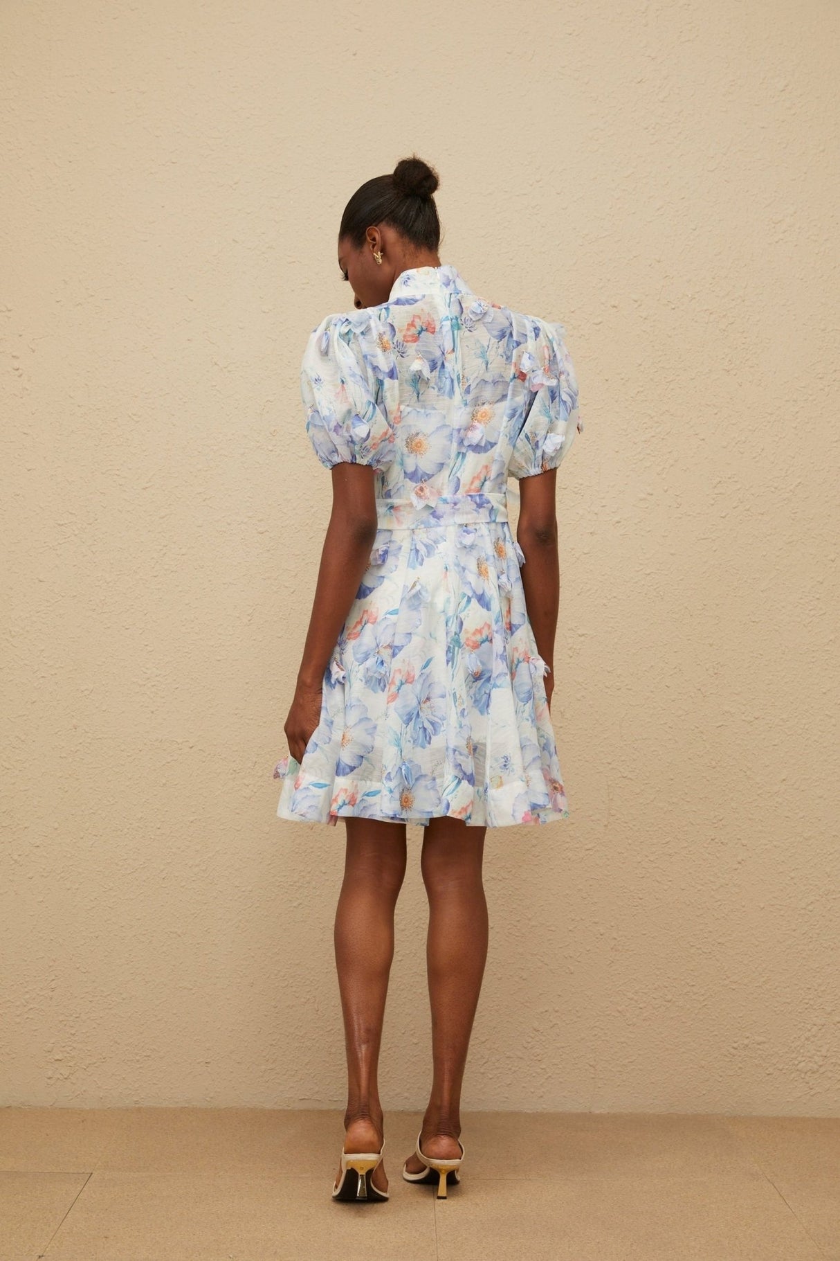 Samantha Floral Mini Dress - Puff Sleeves - Tied Waist - 3D Petal Detailing - Decorative Buttons