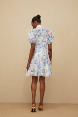 Samantha Floral Mini Dress - Puff Sleeves - Tied Waist - 3D Petal Detailing - Decorative Buttons