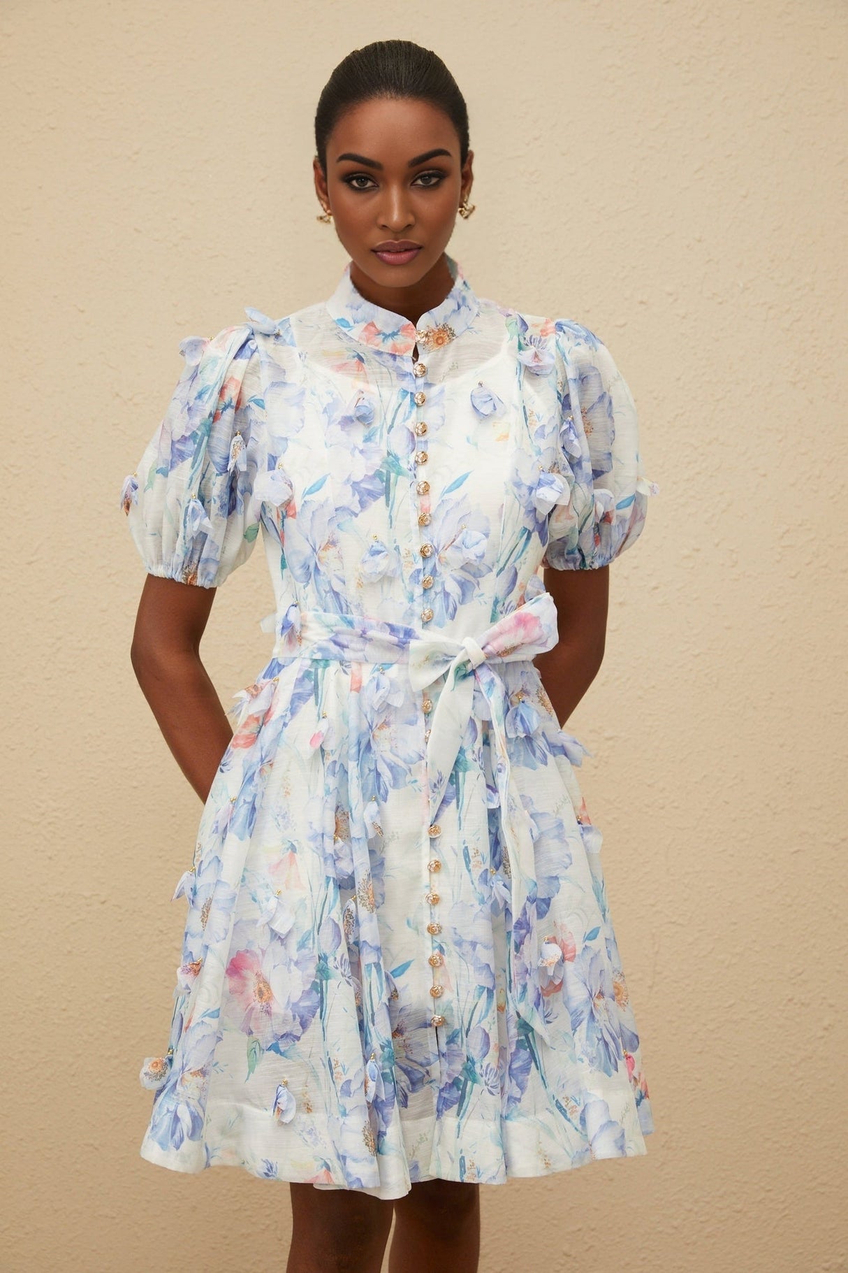 Samantha Floral Mini Dress - Puff Sleeves - Tied Waist - 3D Petal Detailing - Decorative Buttons