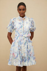 Samantha Floral Mini Dress - Puff Sleeves - Tied Waist - 3D Petal Detailing - Decorative Buttons