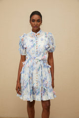 Samantha Floral Mini Dress - Puff Sleeves - Tied Waist - 3D Petal Detailing - Decorative Buttons