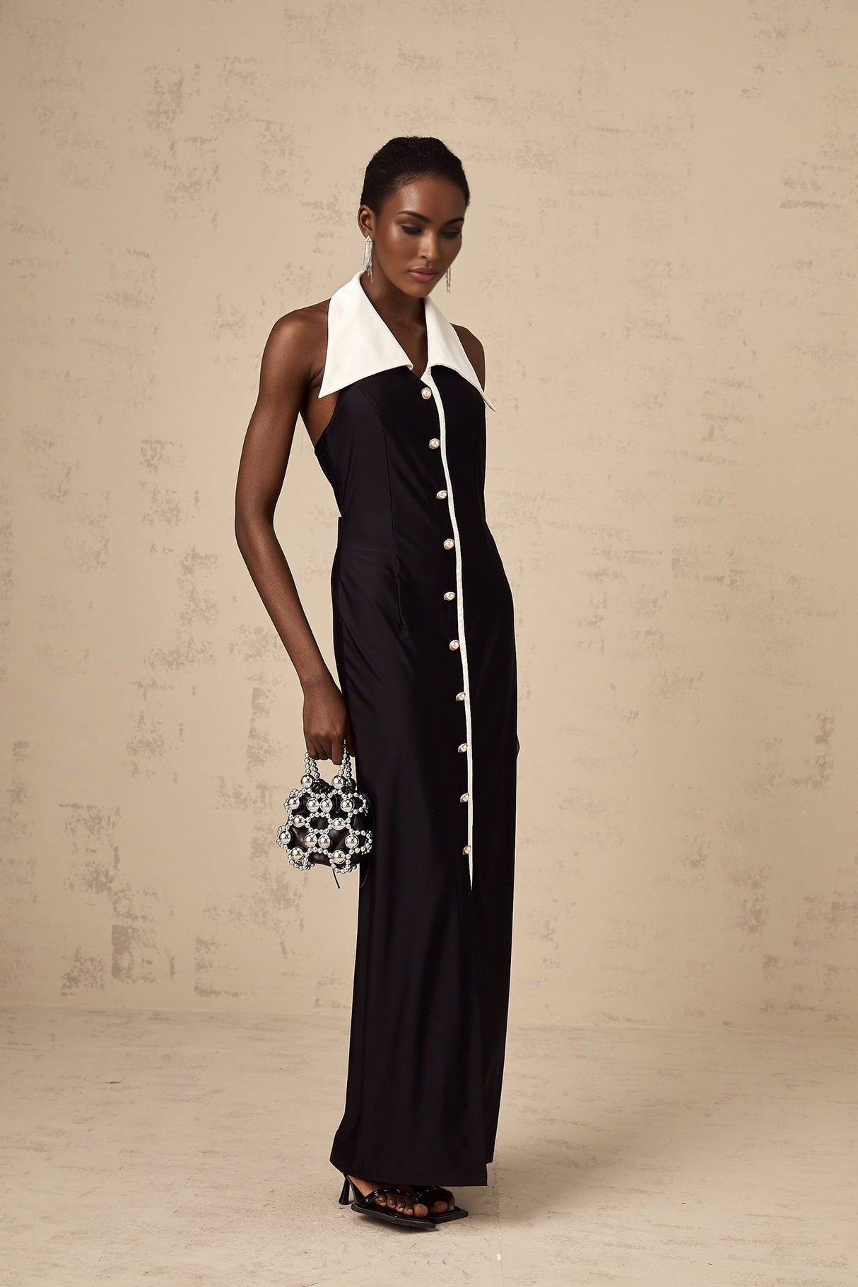 Samantha Maxi Dress Black Open - Back Faux - Pearl Detail