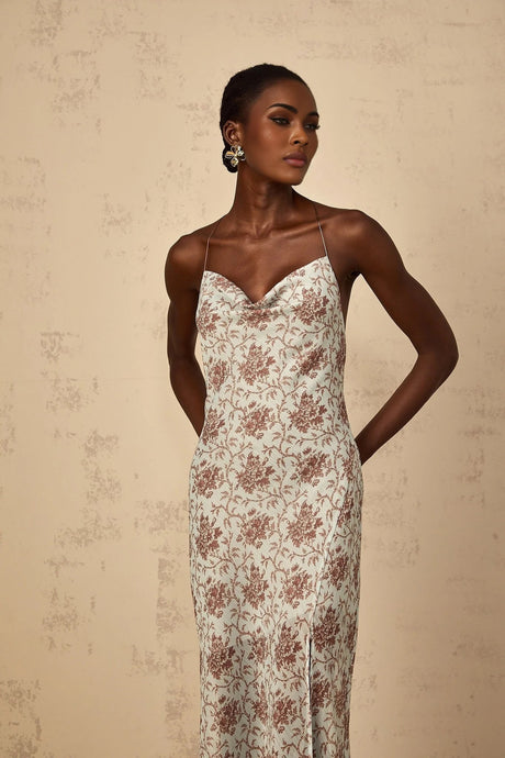 Samantha Maxi Dress Blue Brown Floral Mesh Sleeveless Open Back High Slit