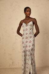 Samantha Maxi Dress Blue Brown Floral Mesh Sleeveless Open Back High Slit