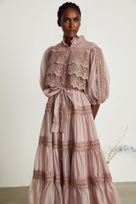 Samantha Midi Dress Pink Lace Cutout Puff Sleeve Belted Tiered Skirt Button Fastening
