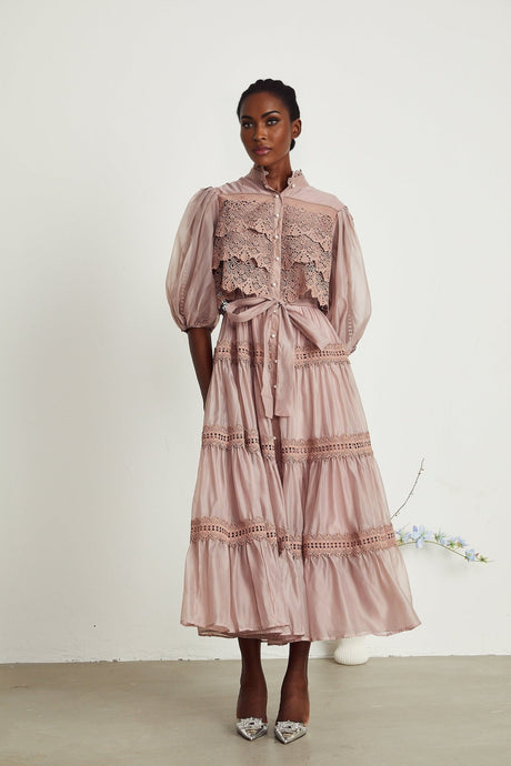 Samantha Midi Dress Pink Lace Cutout Puff Sleeve Belted Tiered Skirt Button Fastening
