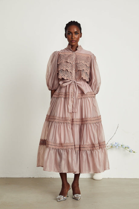 Samantha Midi Dress Pink Lace Cutout Puff Sleeve Belted Tiered Skirt Button Fastening