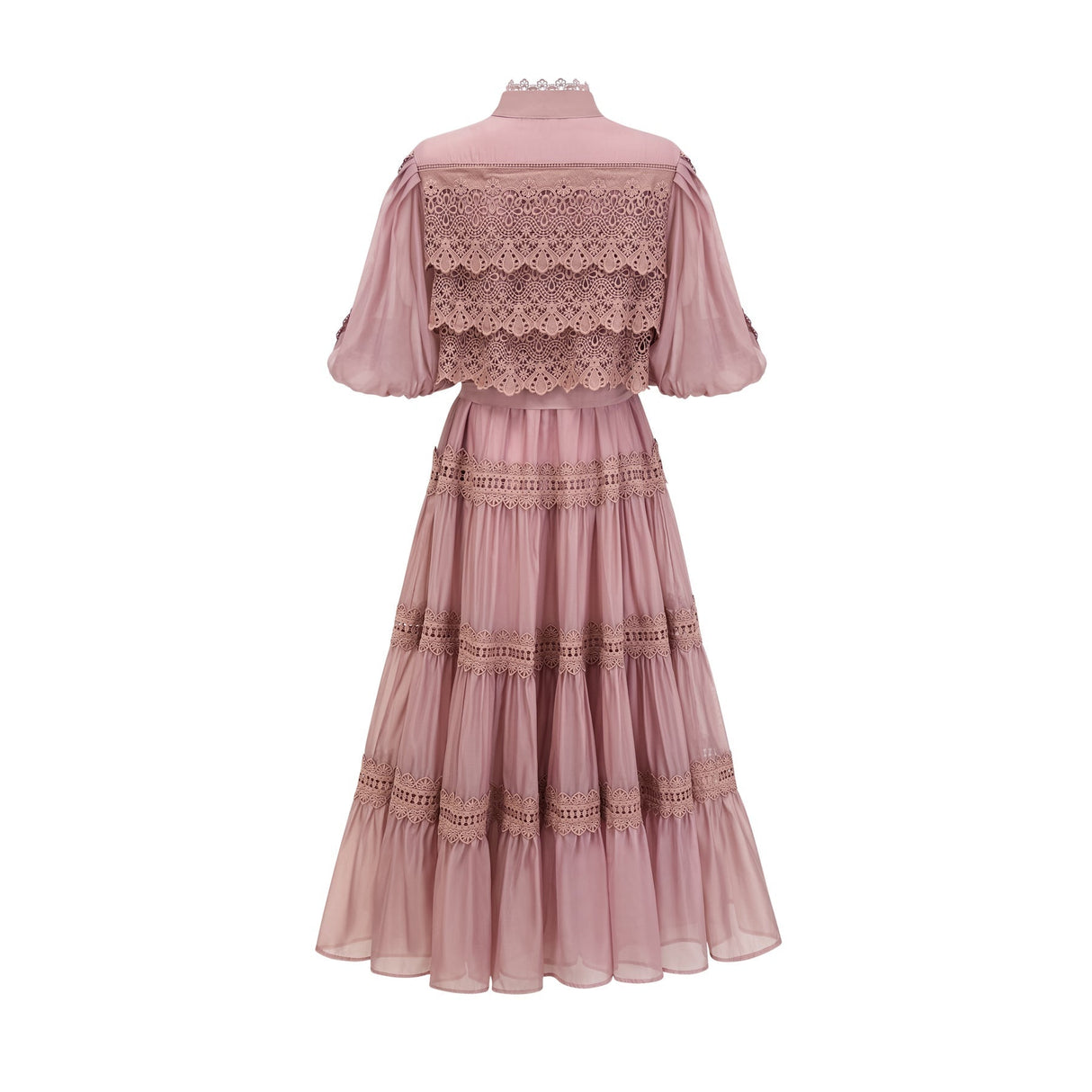 Samantha Midi Dress Pink Lace Cutout Puff Sleeve Belted Tiered Skirt Button Fastening