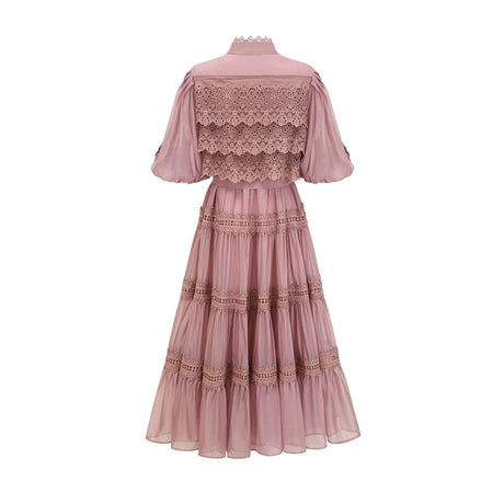 Samantha Midi Dress Pink Lace Cutout Puff Sleeve Belted Tiered Skirt Button Fastening
