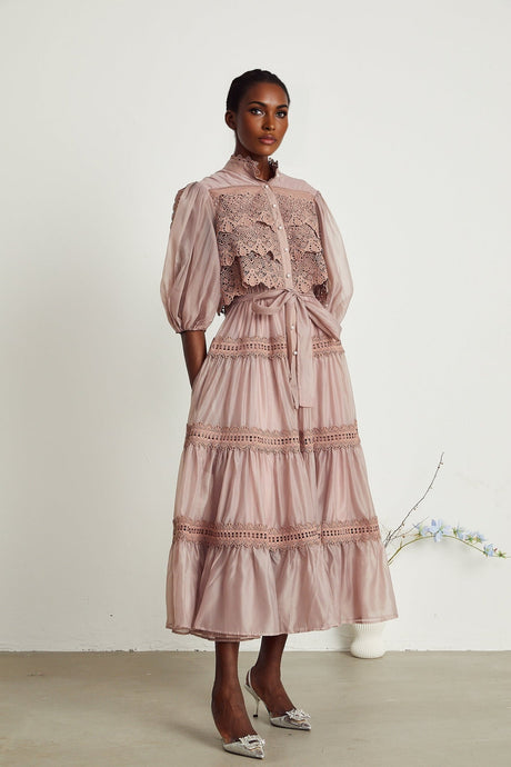 Samantha Midi Dress Pink Lace Cutout Puff Sleeve Belted Tiered Skirt Button Fastening