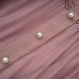 Samantha Midi Dress Pink Lace Cutout Puff Sleeve Belted Tiered Skirt Button Fastening